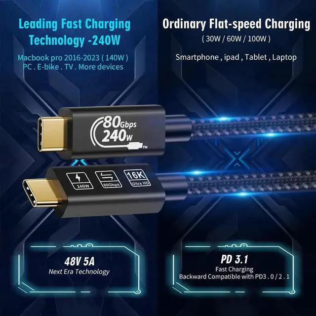 Alt view image 4 of 7 - USB4 Cable, with Thunderbolt 5 Cable, 240 W Charging Cable, 80 Gbps Data Cable, gen4 cable,16K@60Hz 4K120Hz HDR, USB C to USB C Cable, for Hub, Dock, M2, M3, SSD, Laptops, Monitor (TB5 80G 240W 0.5M)