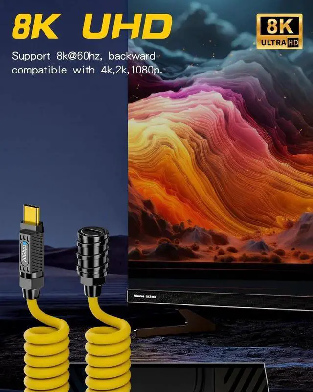 Alt view image 2 of 6 - Aomoproing Coiled USB C Extension Cable, Coiled USB C Male to Female Extension Cable,140W & 20Gbps & 8K@60Hz, Spring Type C Charger Silicone Cable for Phone,MacBook, Max Stretched 5ft