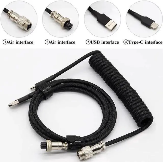 Alt view image 3 of 6 - Aomoproing Customer Coiled Keyboard Cable for Gaming Mechanical Keyboard, Handwork Braided + PET Mesh, Metal Plug, with Detachable Metal Aviator Connector, 3 Meters USB C Aviator Cable (Black)