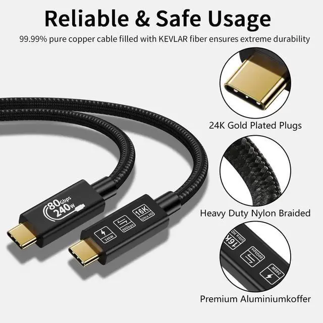 Alt view image 4 of 7 - Aomoproing USB 4 Extension 0.5M Super High Speed 80Gbps Thunderbolt 5 Data Cable 240W Quick Charging 16K Ultra HD Video Connection USB Type-C Cable