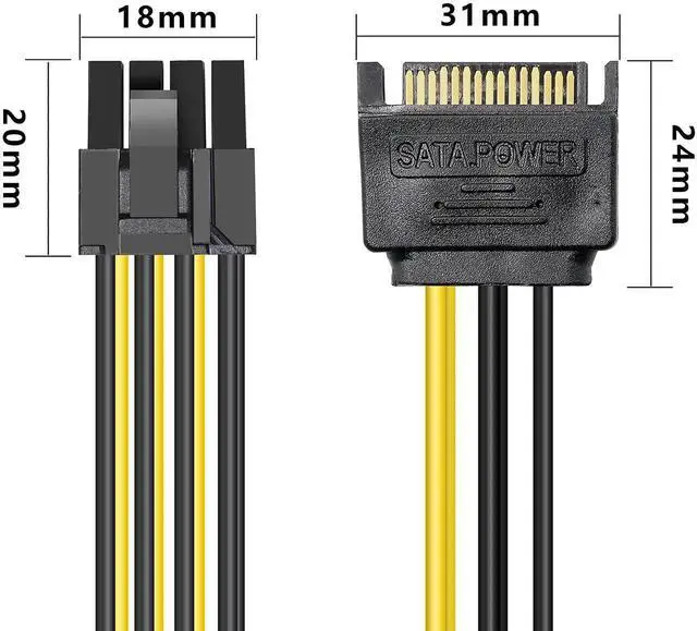 Alt view image 3 of 7 - Aomoproing SATA to PCIE Cable,Dual SATA 15pin to 8-pin(6+2 pin) PCI-E Power Cable Y Splitter Extension Cords for Graphics Video Card-7.4in-2 Packs