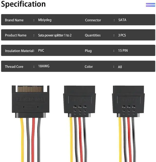 Alt view image 4 of 7 - Aomoproing 3-Pack 15 Pin SATA Power Splitter Cable, 8 Inch Sata Male to 2X Female Cable for HDDSSDOptical Drives