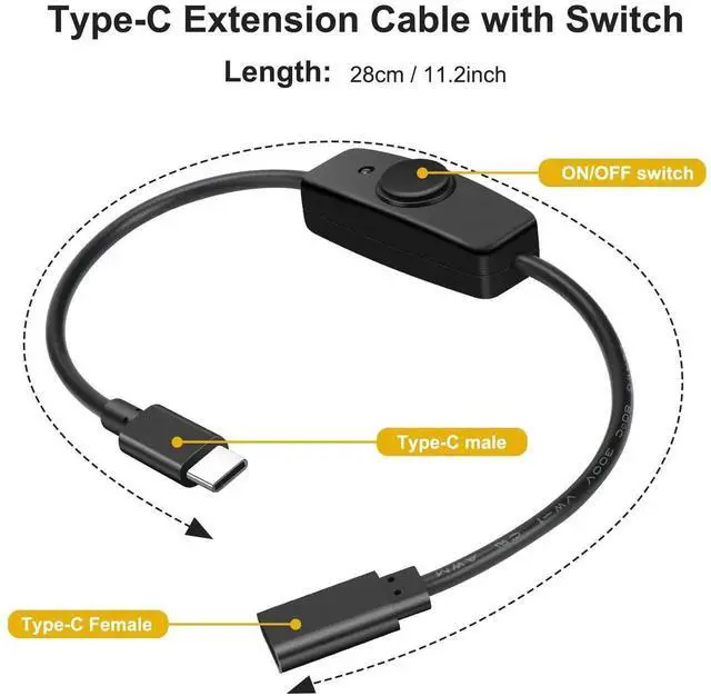Alt view image 6 of 7 - Aomoproing USB Type C Switch Extension Cable 2 Pack USB C Female to Male Power Cable with On Off Switch USB-C Extender Cord for LED Desk Lamp, USB Fan, LED Strips