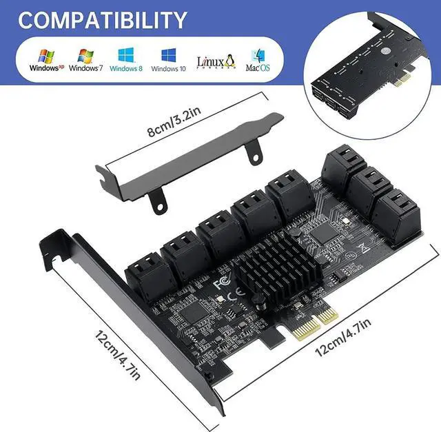 Alt view image 7 of 7 - Aomoproing PCIE 1X SATA Card 16 Ports,with 16 SATA Cables and Low Profile Bracket,PCIE to SATA 3.0 6 Gbps Controller,PCIE to SATA Expansion Card,SATA Controller,SATA PCIE Card,ASM1064+3JMB575 Chips