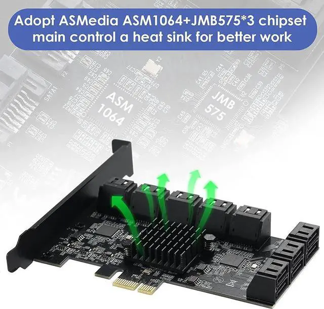 Alt view image 6 of 7 - Aomoproing PCIE 1X SATA Card 16 Ports,with 16 SATA Cables and Low Profile Bracket,PCIE to SATA 3.0 6 Gbps Controller,PCIE to SATA Expansion Card,SATA Controller,SATA PCIE Card,ASM1064+3JMB575 Chips