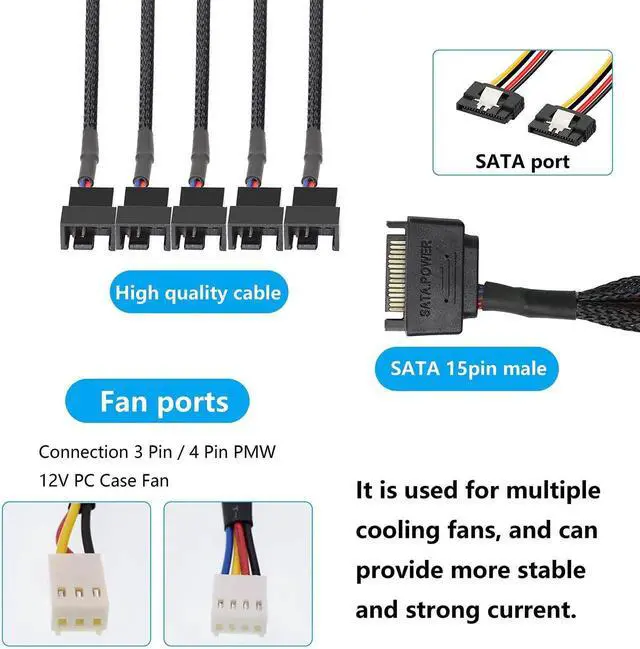 Alt view image 7 of 7 - Aomoproing SATA Cooler Fan Adapter Cable - 15 Pin to 3/4 Pin Fan Splitter - 1.1Ft (Black - 1 to 5)