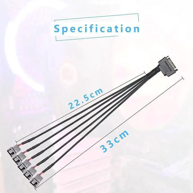 Alt view image 6 of 7 - Aomoproing SATA Cooler Fan Adapter Cable - 15 Pin to 3/4 Pin Fan Splitter - 1.1Ft (Black - 1 to 5)