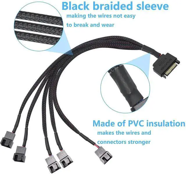 Alt view image 2 of 7 - Aomoproing SATA Cooler Fan Adapter Cable - 15 Pin to 3/4 Pin Fan Splitter - 1.1Ft (Black - 1 to 5)