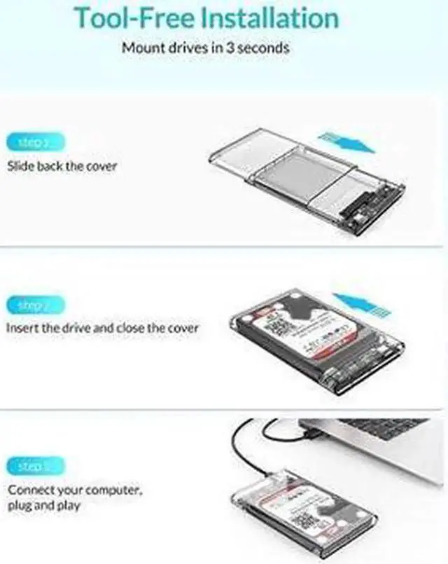 Alt view image 4 of 6 - Aomoproing USB 3 External Hard Drive Enclosure USB30 to SATA Portable Clear Hard Disk Case for 25 inch 7mm 95mm SATA HDD SSD Support UASP SATA III Max 4TB ToolFree Design Clear