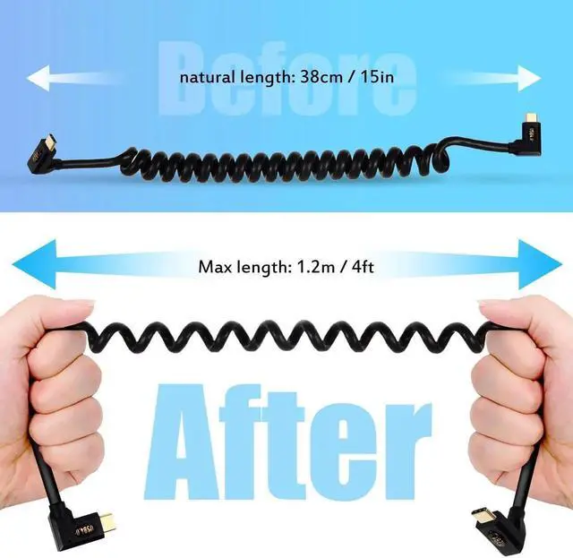 Alt view image 2 of 7 - 3.9ft Max USB 4.0 Type C Coiled Cable, Bidirectional 40Gbps, 240W PD Charging, 8K@60Hz Video, Left Right to Left Right Male Spring Spiral Cord for Thunderbolt 4/3, Smartphone, Laptop, Monitor