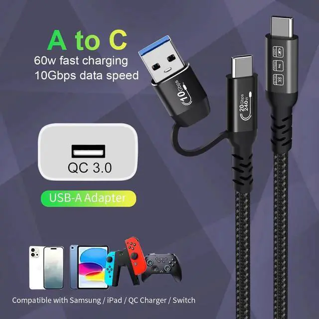 Alt view image 7 of 7 - Aomoproing USB2.0 A to USB C 3.2 Type C 20Gbps Male to Male Detachable 2m 6.6ft Cable Data Extension 10Gbps 240W Fast Charge 8K Ultra HD Video Data Connection Power Line