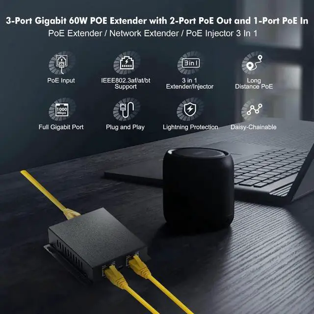Alt view image 6 of 7 - AomoproingGigabit PoE Extender Passthrough Switch, 1 PoE in 2 PoE Out, IEEE802.3af/at/bt PoE Powered Max 60W, Hi-PoE 90W, 10/100/1000Mbps, Metal Small Wall Mount PoE Extender/Injector/Network Extender