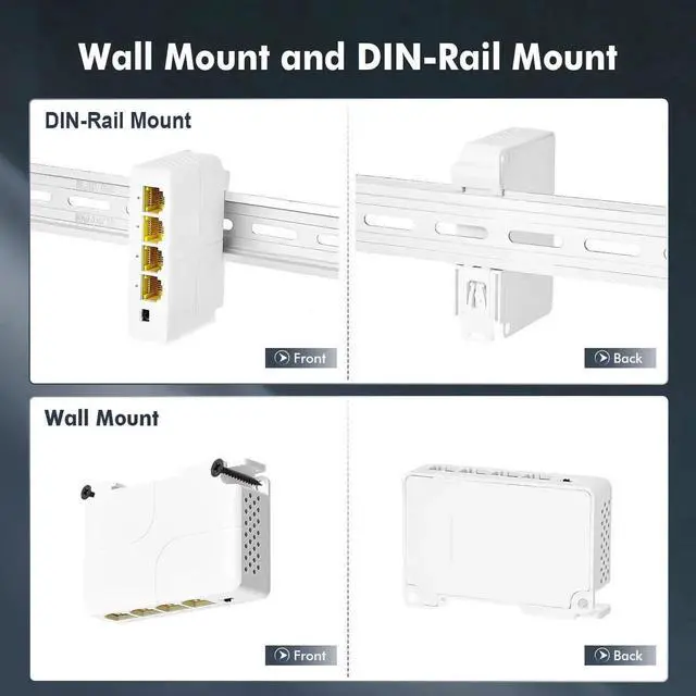 Alt view image 3 of 7 - Aomoproing Gigabit PoE Passthrough Switch, 1 PoE in 3 PoE Out Extender, IEEE802.3af/at PoE Powered, 10/100/1000Mbps Ethernet, din-Rail & Wall Mount