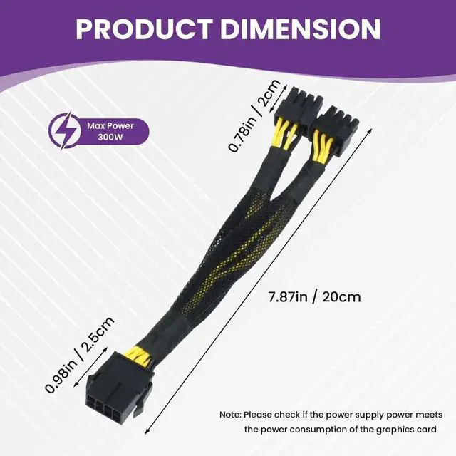 Alt view image 3 of 7 - Aomoproing 8 Pin PCIe Splitter Cable, 2-Pack PCIe 8 Pin Female to Dual 2X 8 Pin (6+2) Male Power Adapter, 8-inch Braided Y-Splitter Power Extension Cable for GPU Graphics Card
