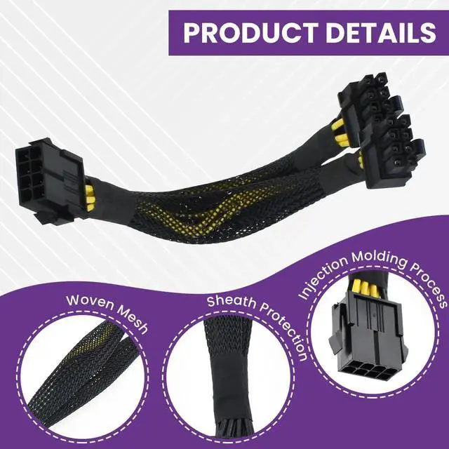 Alt view image 2 of 7 - Aomoproing 8 Pin PCIe Splitter Cable, 2-Pack PCIe 8 Pin Female to Dual 2X 8 Pin (6+2) Male Power Adapter, 8-inch Braided Y-Splitter Power Extension Cable for GPU Graphics Card