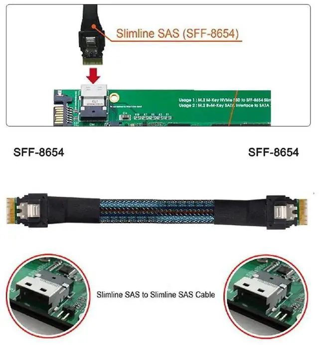 Alt view image 3 of 7 - Aomoproing PCI-E Slimline SAS 4.0 SFF-8654 4i 38pin Host to SFF-8654 Slim SAS Target Cable 50cm