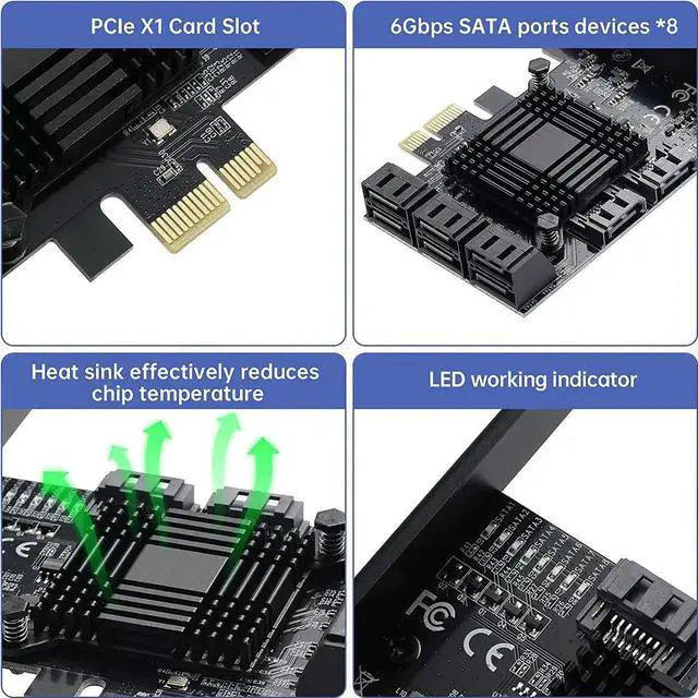 Alt view image 5 of 7 - Aomoproing PCIE 1X SATA Card 8 Ports,with 8 SATA Cables and Low Profile Bracket,PCIE to SATA 3.0 6 Gbps Controller,PCIE to SATA Expansion Card,SATA Controller,SATA PCIE Card,ASM1064+JMB575 Chips