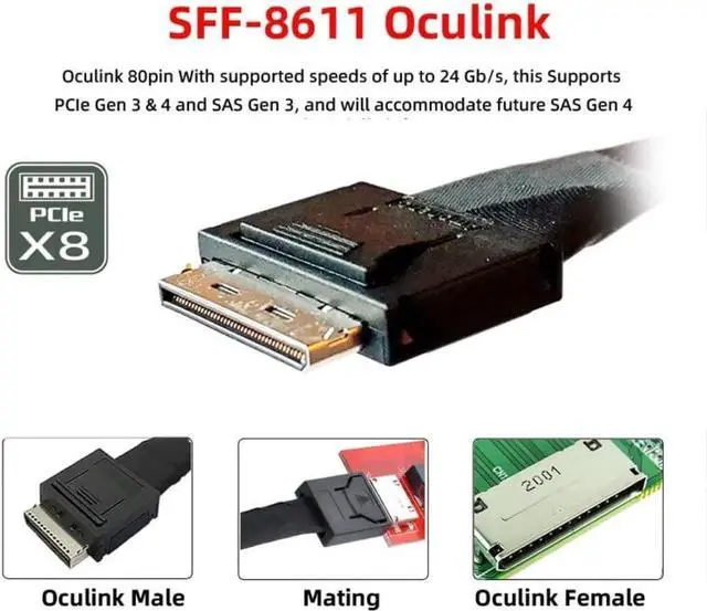 Alt view image 4 of 6 - Aomoproing SFF-8611 to SFF-8654 Cable,OCuLink PCIe PCI-Express SFF-8611 8X 8-Lane to 2 SFF-8654 Slimline 4X SSD Data Active Cable 50cm