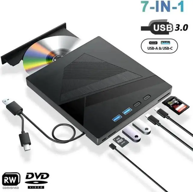 Main image of 7-in-1 External CD/DVD Drive for Laptop, USB 3.0 and Type-C Portable DVD Player CD/DVD +/-RW Burner,Reader Rewriter Writer Disk Duplicator Compatible with Windows XP/7/8/10, Linux MacOS