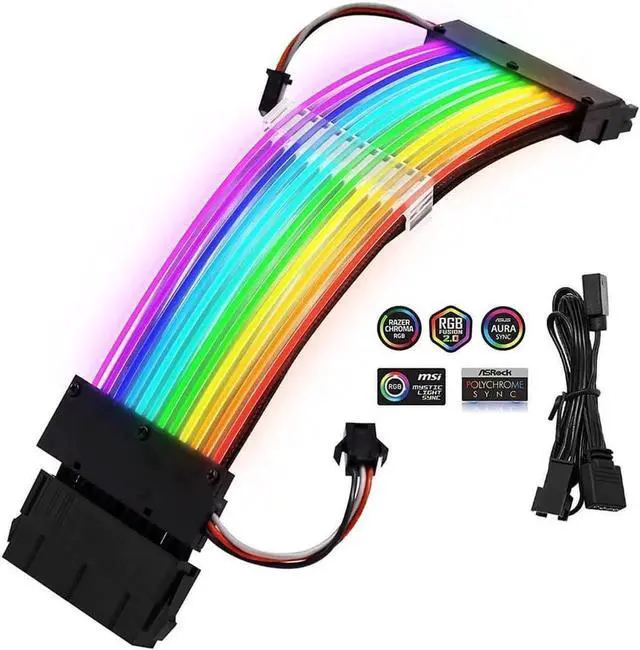 Alt view image 3 of 3 - Power Supply Sleeved Cable, Customization 24 Pin Atx Rgb Cable Extension Kit 16Awg, 5V 3Pin Synchronized Psu Cable For Rgb Software From All Major Motherboard Cable Management