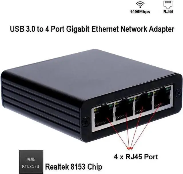 Alt view image 2 of 6 - USB 3.0 To RJ45 Network Card Adapter USB3.0 to 4 Ports 10/100/1000M Gigabit Ethernet Controller Adapter 10/100/1000 USB Gigabit Lan Network NIC Adapter