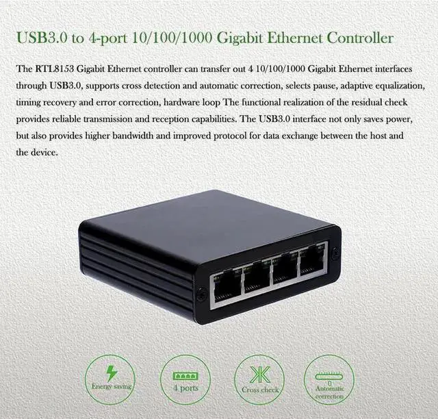 Alt view image 6 of 6 - USB 3.0 To RJ45 Network Card Adapter USB3.0 to 4 Ports 10/100/1000M Gigabit Ethernet Controller Adapter 10/100/1000 USB Gigabit Lan Network NIC Adapter