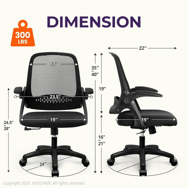 Alt view image 2 of 7 - NEO CHAIR Office Desk Chair, Ergonomic Mesh with Flip-Up Arms, Dark Black