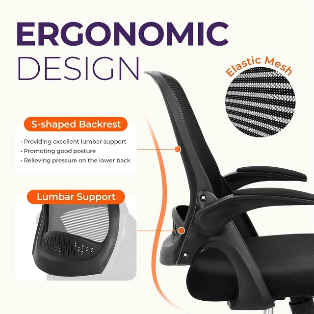 Alt view image 4 of 7 - NEO CHAIR Office Desk Chair, Ergonomic Mesh with Flip-Up Arms, Dark Black