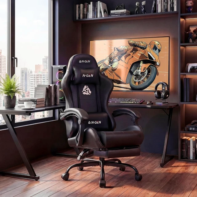 Alt view image 2 of 7 - N-GEN GAMING Gaming Chair with Footrest, Lumbar, High-Back, All Black