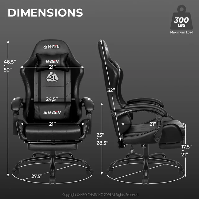 Alt view image 3 of 7 - N-GEN GAMING Gaming Chair with Footrest, Lumbar, High-Back, All Black
