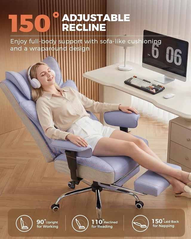 Alt view image 3 of 7 - Big and Tall Office Chair Wide Ergonomic Gaming Chair with Deluxe Embossing Designed Leather with Foot Rest,150°Reclining Adjustable Soft Armrests Pocket Spring Back Support and Pillow