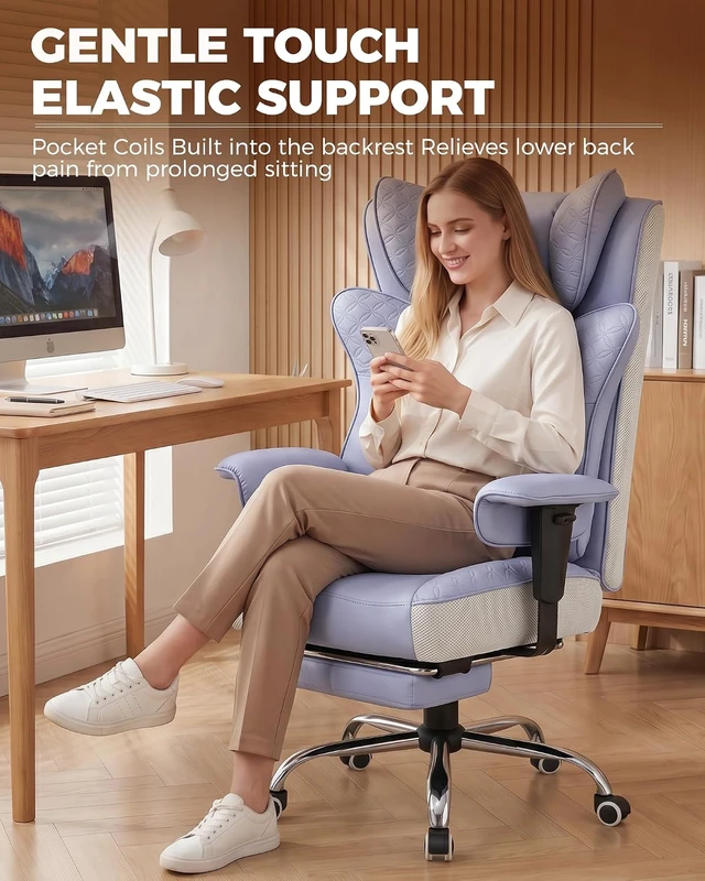 Alt view image 7 of 7 - Big and Tall Office Chair Wide Ergonomic Gaming Chair with Deluxe Embossing Designed Leather with Foot Rest,150°Reclining Adjustable Soft Armrests Pocket Spring Back Support and Pillow