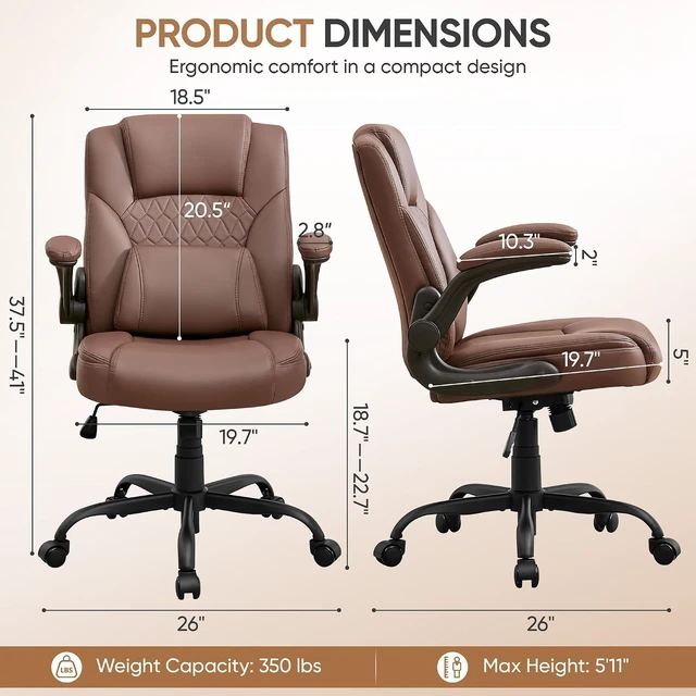 Alt view image 2 of 7 - Home Office Chair with Lumbar Support, 5" Thickened Seat, Small PU Leather Rocking Desk Chair, Comfy Computer Chairs with Rolling Wheels & Adjustable Armrests for Adults, Brown