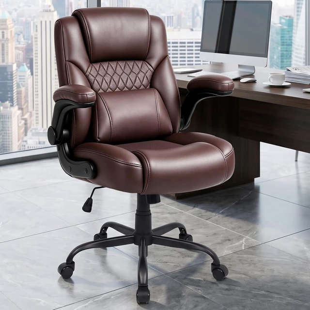Main image of Home Office Chair with Lumbar Support, 5" Thickened Seat, Small PU Leather Rocking Desk Chair, Comfy Computer Chairs with Rolling Wheels & Adjustable Armrests for Adults, Brown
