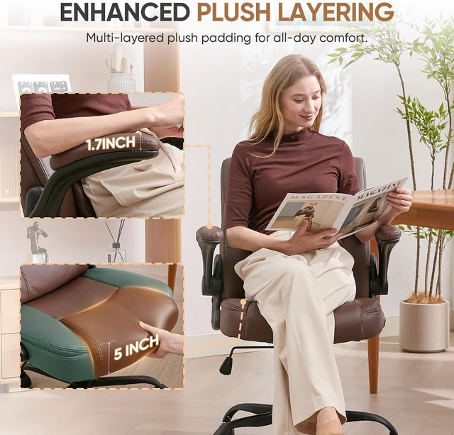 Alt view image 3 of 7 - Home Office Chair with Lumbar Support, 5" Thickened Seat, Small PU Leather Rocking Desk Chair, Comfy Computer Chairs with Rolling Wheels & Adjustable Armrests for Adults, Brown