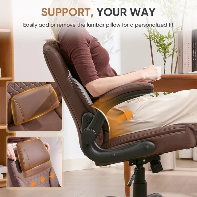 Alt view image 4 of 7 - Home Office Chair with Lumbar Support, 5" Thickened Seat, Small PU Leather Rocking Desk Chair, Comfy Computer Chairs with Rolling Wheels & Adjustable Armrests for Adults, Brown