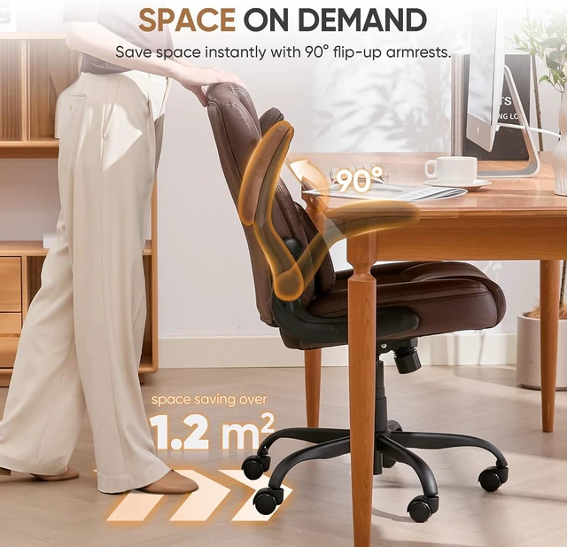 Alt view image 5 of 7 - Home Office Chair with Lumbar Support, 5" Thickened Seat, Small PU Leather Rocking Desk Chair, Comfy Computer Chairs with Rolling Wheels & Adjustable Armrests for Adults, Brown
