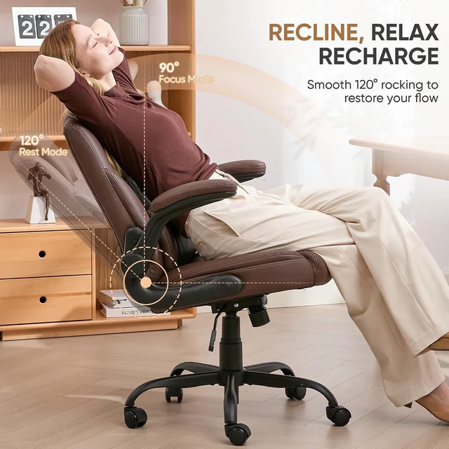 Alt view image 6 of 7 - Home Office Chair with Lumbar Support, 5" Thickened Seat, Small PU Leather Rocking Desk Chair, Comfy Computer Chairs with Rolling Wheels & Adjustable Armrests for Adults, Brown