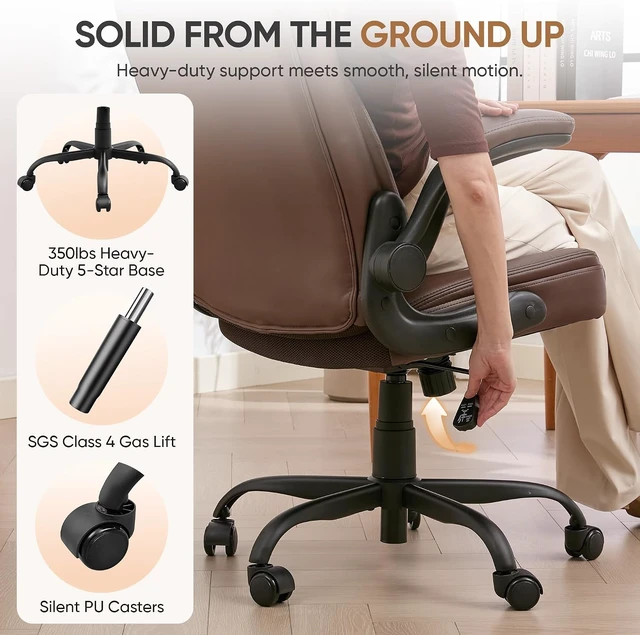 Alt view image 7 of 7 - Home Office Chair with Lumbar Support, 5" Thickened Seat, Small PU Leather Rocking Desk Chair, Comfy Computer Chairs with Rolling Wheels & Adjustable Armrests for Adults, Brown