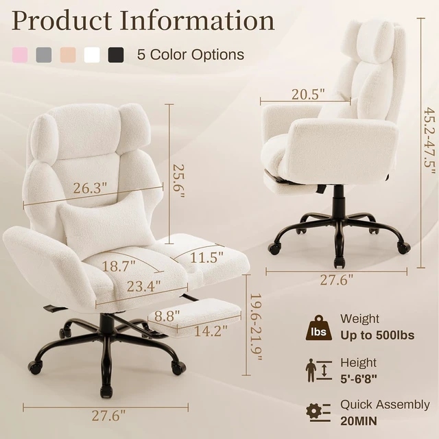 Alt view image 2 of 7 - Office Chair with Flip Armrests,Big and Tall Office Chair with Foot Rest,Extra Wide Seat & Lumbar Pillow,Ergonomic Computer Gaming Chair,Comfy Criss Cross Chair for Pets Sitting,Teddy Fleece,White