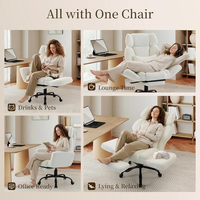 Alt view image 3 of 7 - Office Chair with Flip Armrests,Big and Tall Office Chair with Foot Rest,Extra Wide Seat & Lumbar Pillow,Ergonomic Computer Gaming Chair,Comfy Criss Cross Chair for Pets Sitting,Teddy Fleece,White