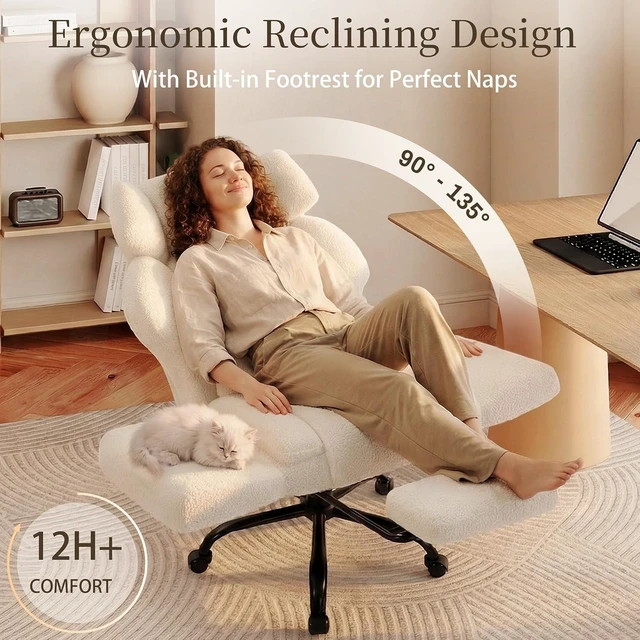 Alt view image 6 of 7 - Office Chair with Flip Armrests,Big and Tall Office Chair with Foot Rest,Extra Wide Seat & Lumbar Pillow,Ergonomic Computer Gaming Chair,Comfy Criss Cross Chair for Pets Sitting,Teddy Fleece,White