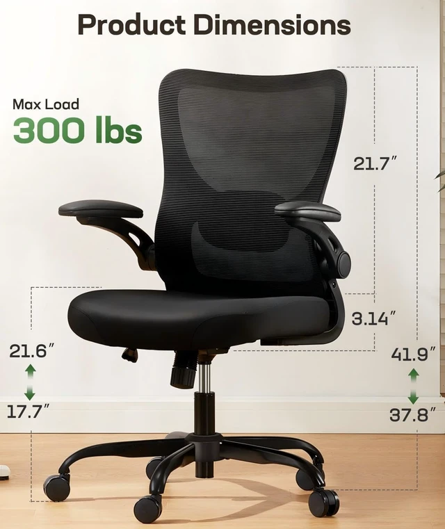 Alt view image 2 of 7 - Ergonomic Office Chair Desk Chair with 3D PU Armrests and Adjustable Lumbar Support Breathable Mesh Chair Executive Rolling Swivel Comfy Task Chair for Home Office Gaming Black