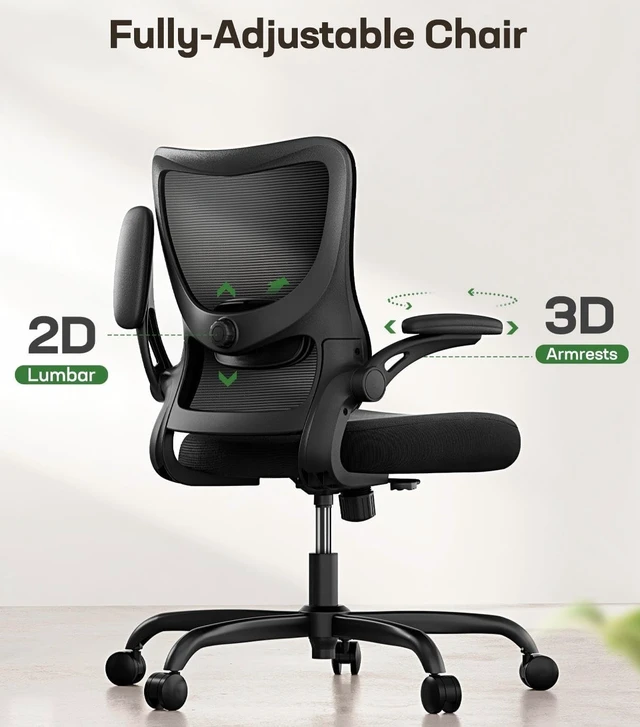 Alt view image 5 of 7 - Ergonomic Office Chair Desk Chair with 3D PU Armrests and Adjustable Lumbar Support Breathable Mesh Chair Executive Rolling Swivel Comfy Task Chair for Home Office Gaming Black