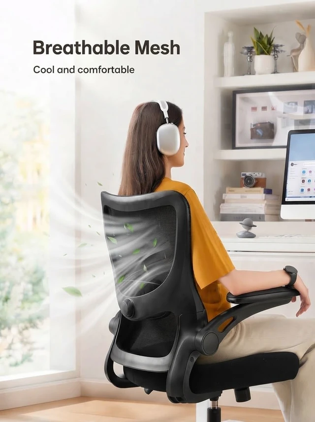 Alt view image 6 of 7 - Ergonomic Office Chair Desk Chair with 3D PU Armrests and Adjustable Lumbar Support Breathable Mesh Chair Executive Rolling Swivel Comfy Task Chair for Home Office Gaming Black