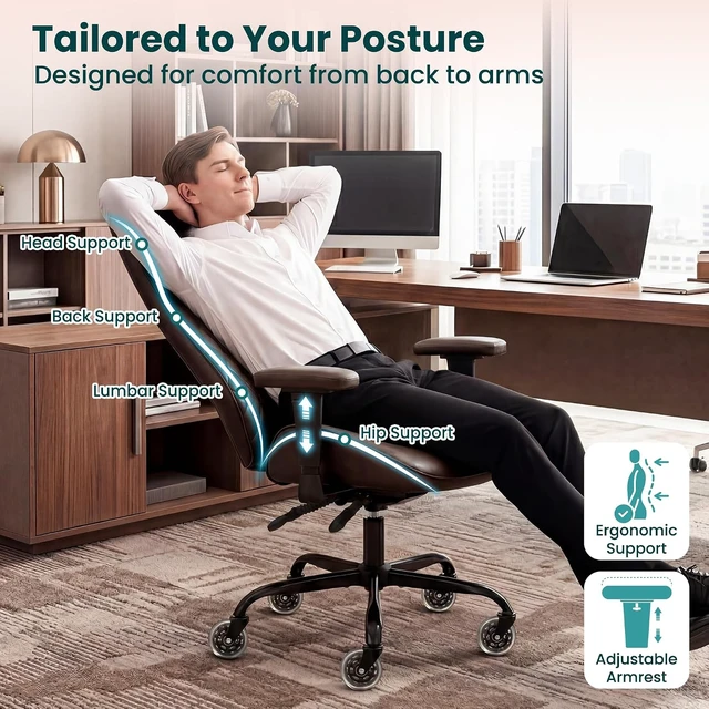 Alt view image 3 of 7 - NEO CHAIR Dark Brown PU Leather Office Chair Ergonomic Design, Swivel Chair