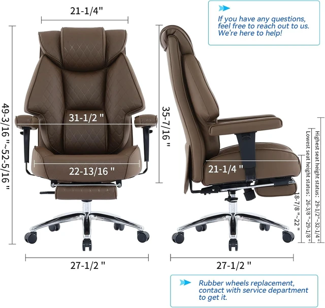 Alt view image 2 of 7 - Big and Tall Office Chair with Footrest, PU Leather High Back Executive Office Chair 400lbs, Ergonomic Computer Chairs Lumbar Support for Heavy People (Brown)