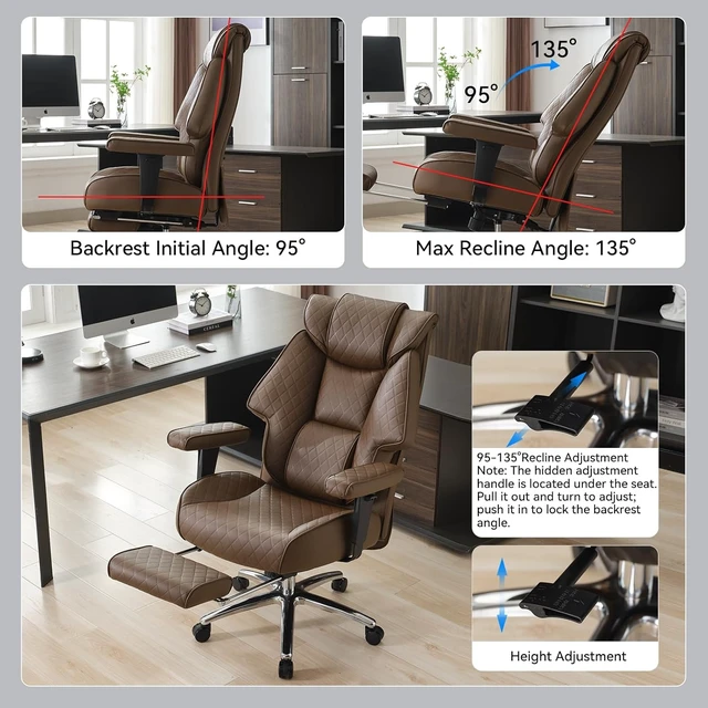 Alt view image 6 of 7 - Big and Tall Office Chair with Footrest, PU Leather High Back Executive Office Chair 400lbs, Ergonomic Computer Chairs Lumbar Support for Heavy People (Brown)