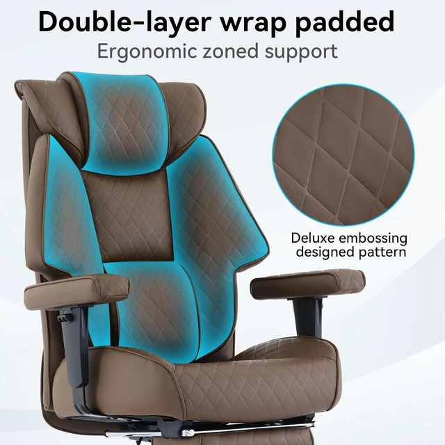 Alt view image 4 of 7 - Big and Tall Office Chair with Footrest, PU Leather High Back Executive Office Chair 400lbs, Ergonomic Computer Chairs Lumbar Support for Heavy People (Brown)