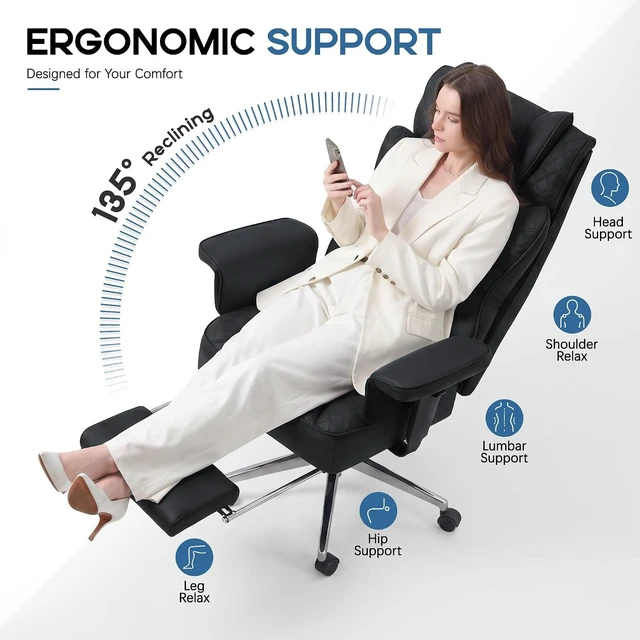 Alt view image 3 of 7 - Office Desk Chair, High-Back Big and Tall Leather Chair with Footrest
